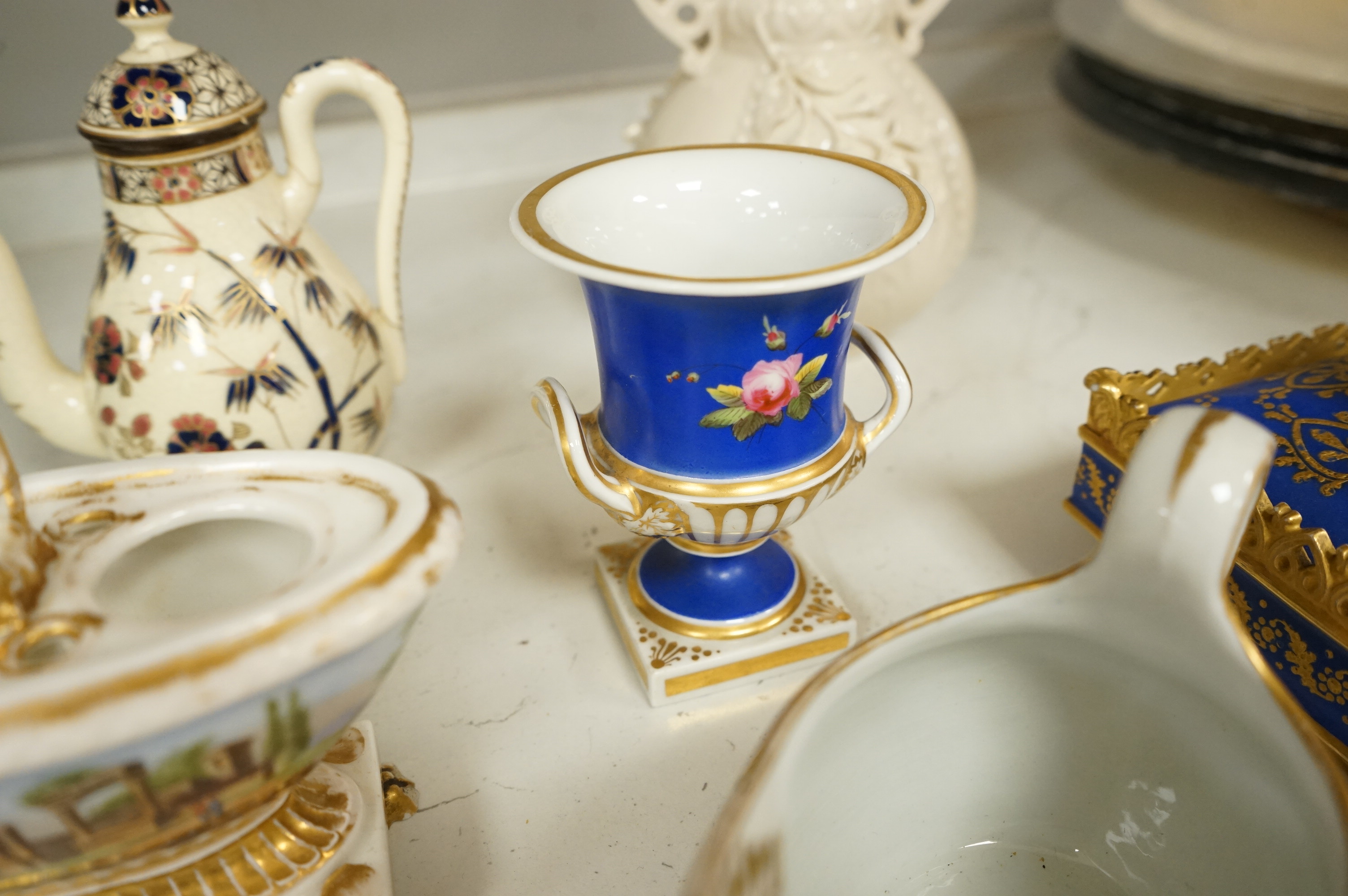 Mixed 19th and 20th English ceramics including Derby, Newhall and Chamberlains Worcester, largest 23cm high